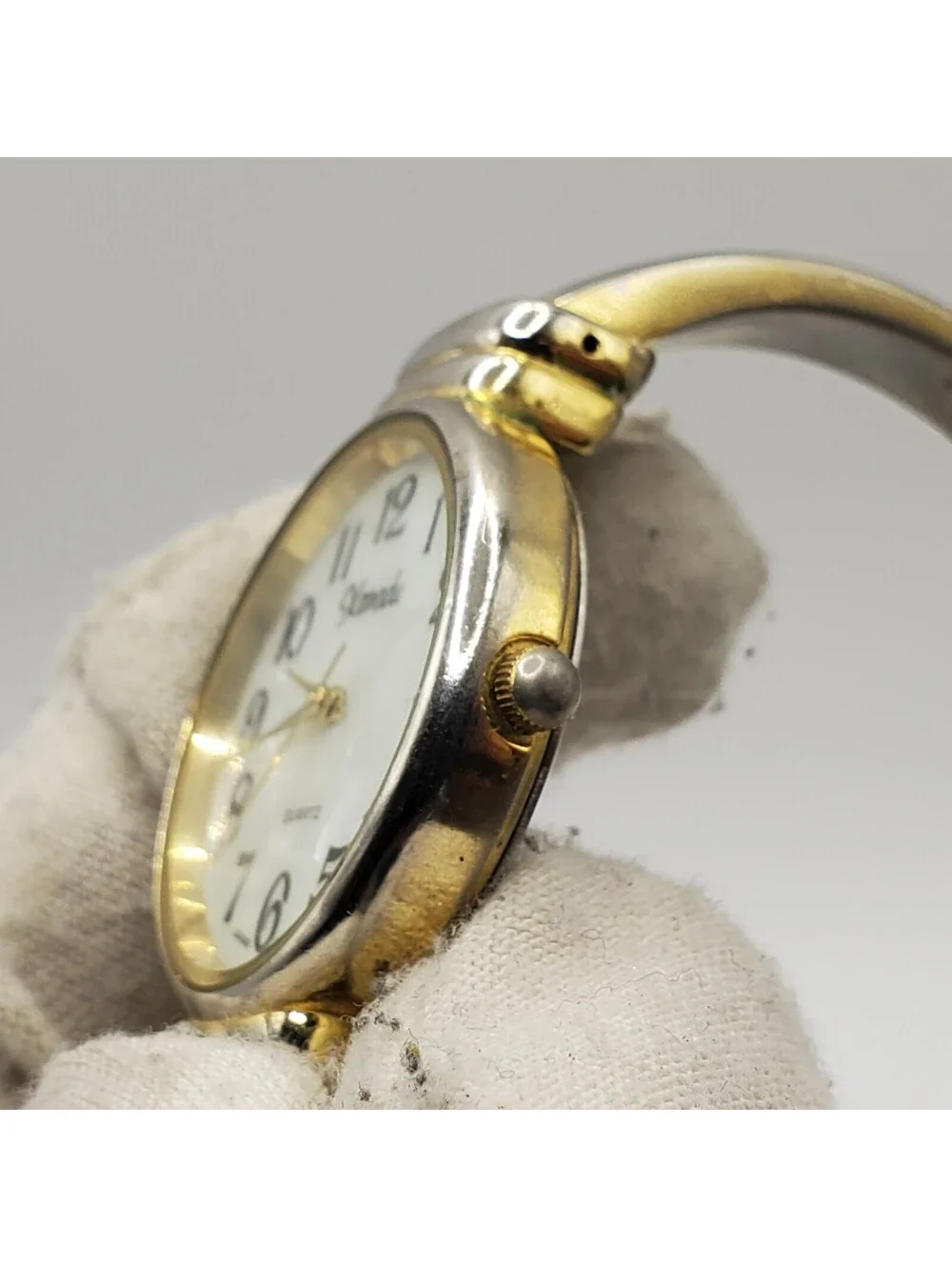 Xanadu Cuff Band Two-Tone Womens Watch  30mm White Round Dial New Battery